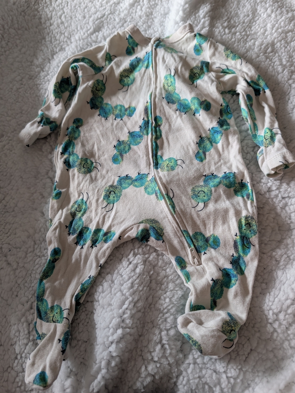 Old Navy Cream Footed One-Piece with Green and Blue Caterpillar Print